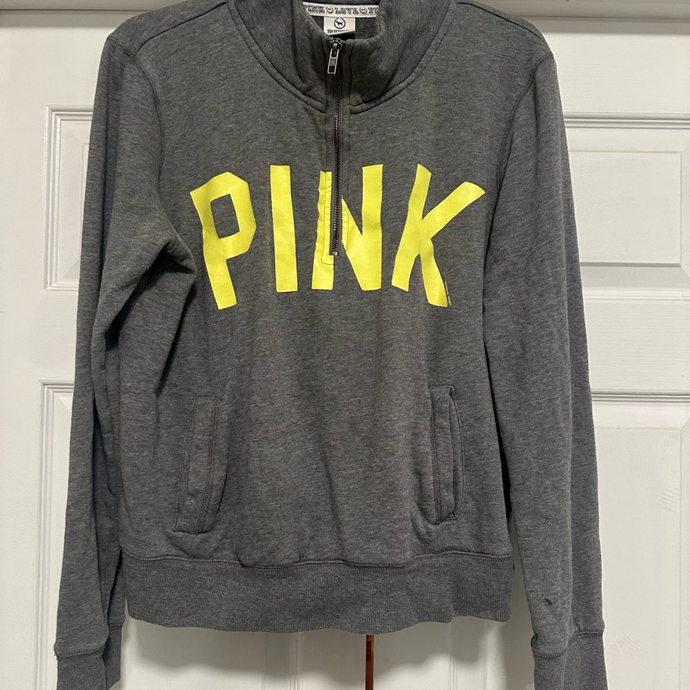 Victoria's Secret PINK Gray Half-Zip Sweatshirt with Yellow Logo